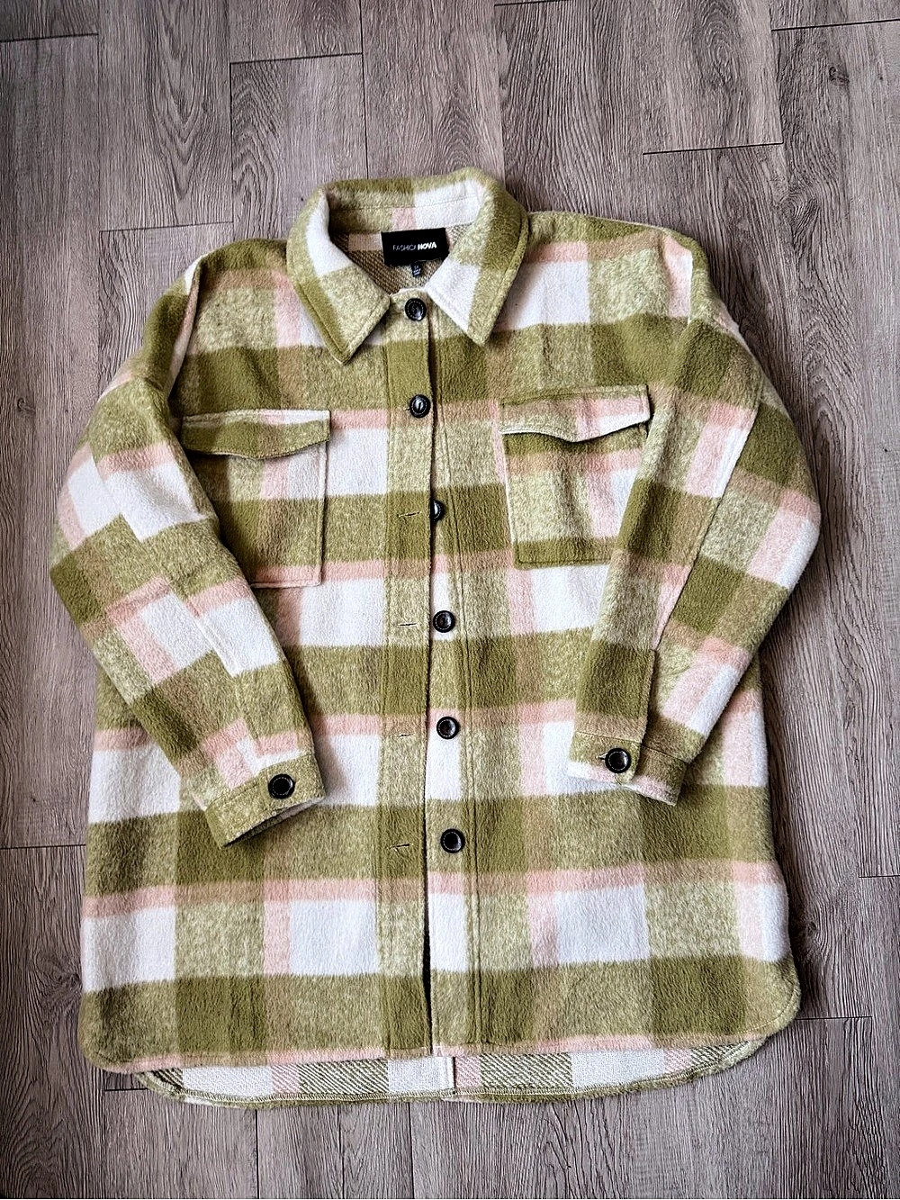 Fashion Nova Plaid Shacket in Green & Pink